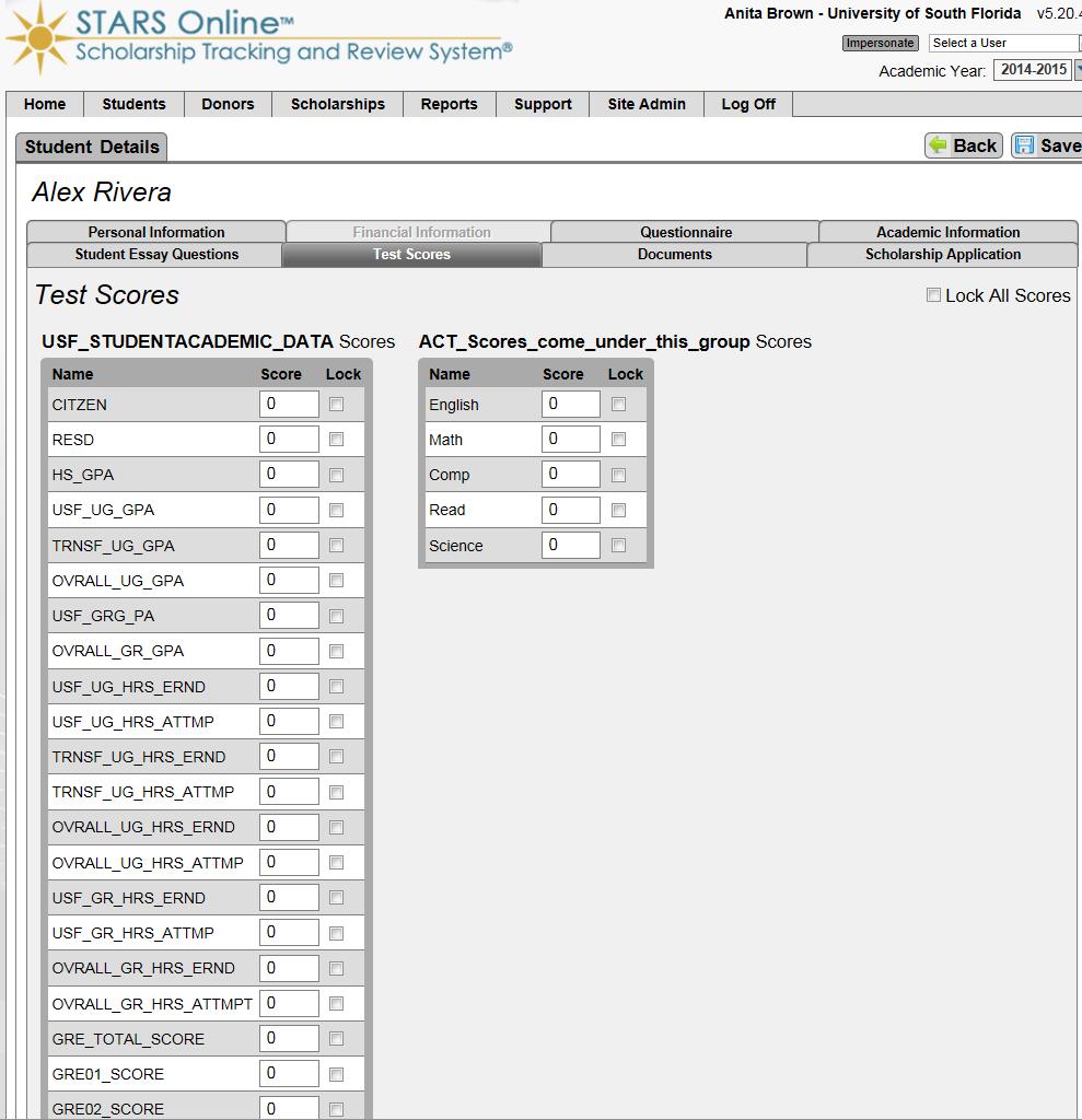 Use Test Scores tab to review test score data and financial aid information for an individual