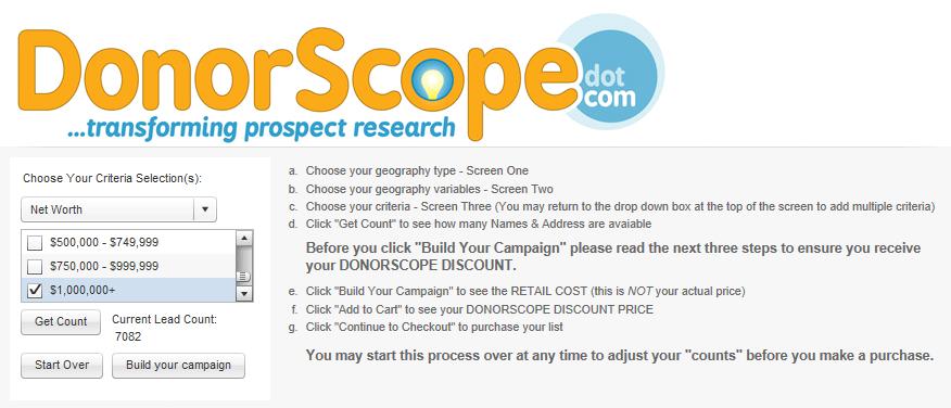 Three simple features - how DonorScope works: #1 Select Prospects (download) New Donor Acquisition #2 Append Prospects (upload) Wealth & Patterns of Giving Overlays #3 Compile Prospects (training)
