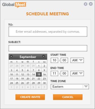 Enter the email addresses of your guests and a meeting subject, and then use the calendar to select the meeting date and the start and end times for your meeting. STEP 3. Click CREATE INVITE.