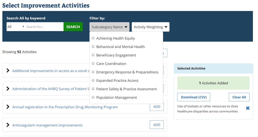 On this page, filter the 92 improvement activities by the subcategory that you are interested in.