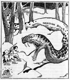 document i As Gag Rulers Would Have It. Literary Digest, 1920 Note: The three figures in the lower left are labeled, Honest Opinion, Free Speech, and Free Press. The snake is labeled Sedition Bills.