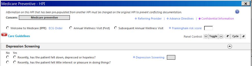 Ask the patient the two questions in the panel. 2. If either answer is positive, click the Depression Screening link. a. Continue to ask questions using the screening tool.