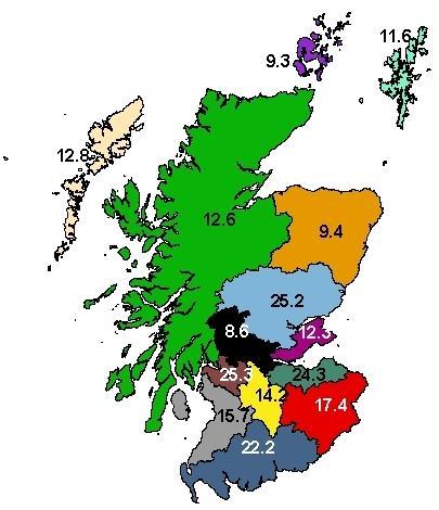 Figure 5: WTE per 100,000 of the population for CAMHS staff in NHSScotland as at 31 st March 2015, by NHS Board. NHS Ayrshire and Arran (15.7) NHS Borders (17.4) NHS Dumfries and Galloway (22.