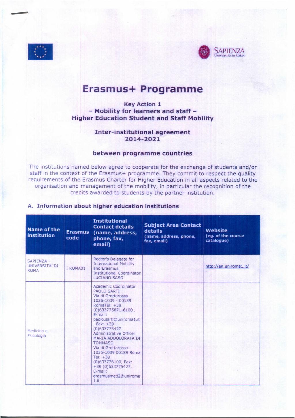 0 SAPIKNZA Erasmus+ Programme Key Action 1 - Mobility for learners and staff - Higher Education Student and Staff Mobility Inter-institutional agreement 2014-2021 between programme countries The