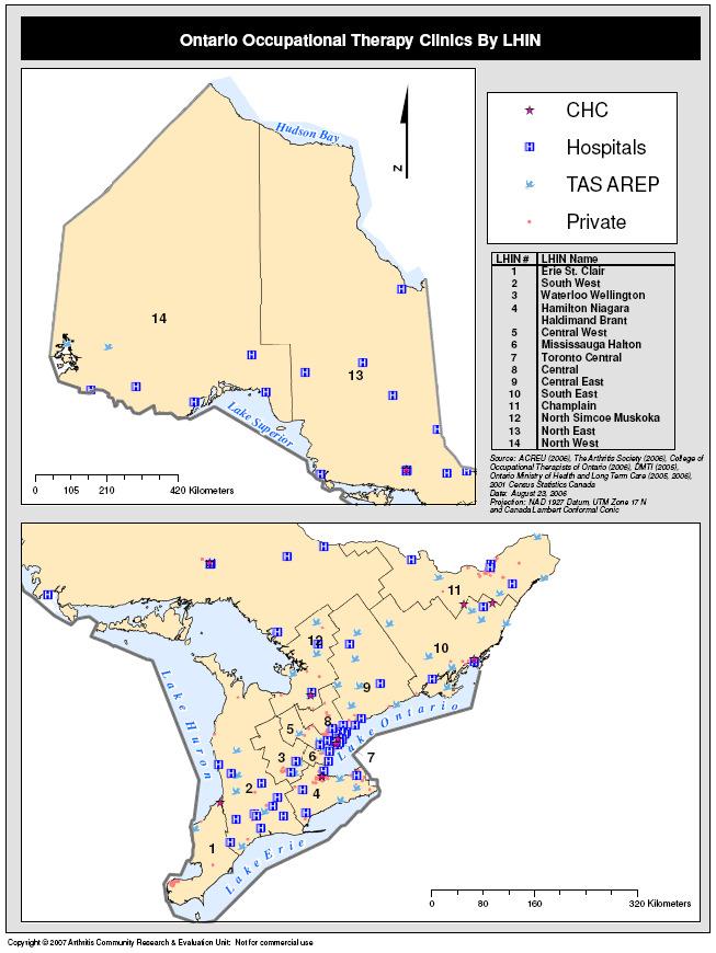 Map 4: Ontario community occupational therapy clinic location by LHIN (Note for map interpretation: CHC refers to