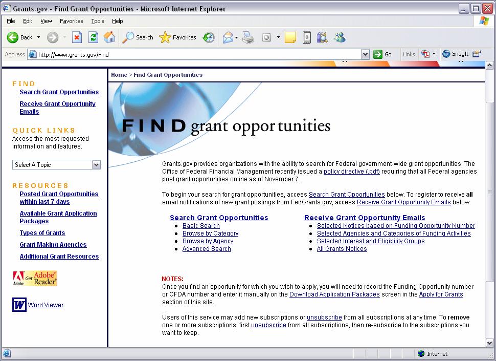 Finding Grant Opportunities Grants.gov provides you with the ability to search for Federal government-wide grant opportunities and to sign up to receive grant opportunity email notifications.