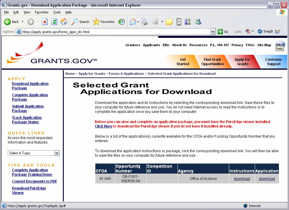 Selected Grant Applications for Download screen To download an application package and its instructions, click the