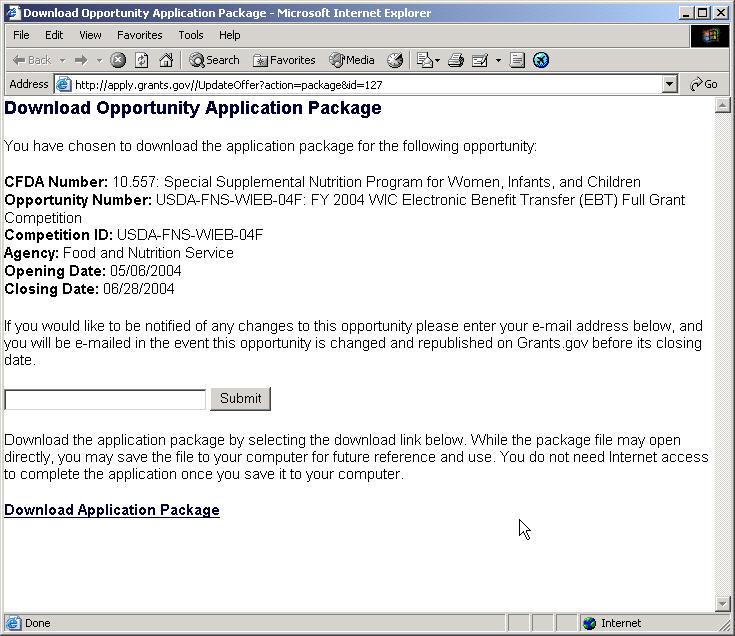 When you download an application package, you will first be taken to the Download Opportunity Application Package