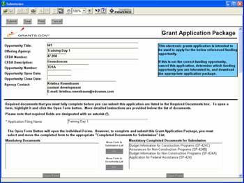 Sample Application Package Verify that the pre-entered information is for the grant opportunity for which you want to apply.