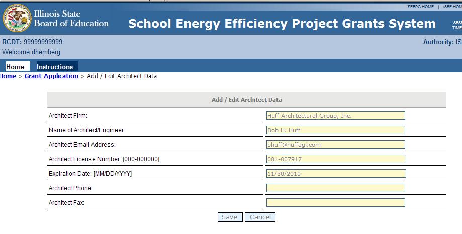 Note: Architect Data step can be done now or before submitting the application. a. Select Save when finished.