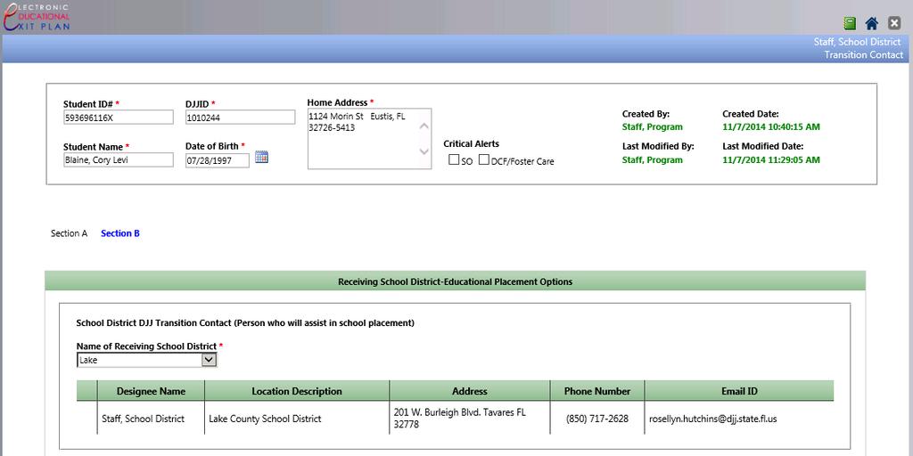 Check the Receiving School District Input Box (Section A, Contacts Tab).
