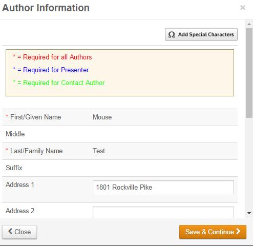 Abstract Submission: Authors, cont. Add an Author, cont. Select Add to add an author from the Author Search Results. Select More Info next to their name to confirm/update contact information.