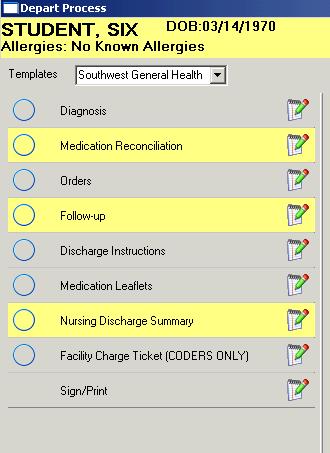 Depart Process The Depart Process includes Discharge Diagnosis, the electronic Discharge Medication Reconciliation, Orders and Follow-up. Click on the Depart Process icon Depart Process.