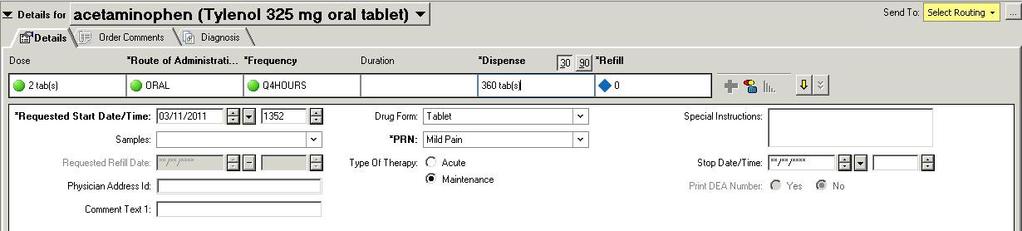 TIP: Use the Missing Required Details Details for prescriptions. button to open the Order The order values (dose, frequency, etc.) default into the fields and may be changed as necessary.