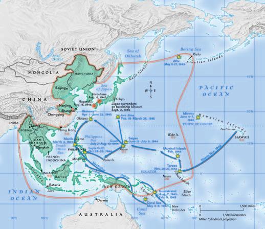 Island-Hopping in the Pacific, 1942 1945 Japanese Empire and conquests Farthest extent of Japan's conquests, July 1942 Allied forces Allied victory Atomic bombing 1.