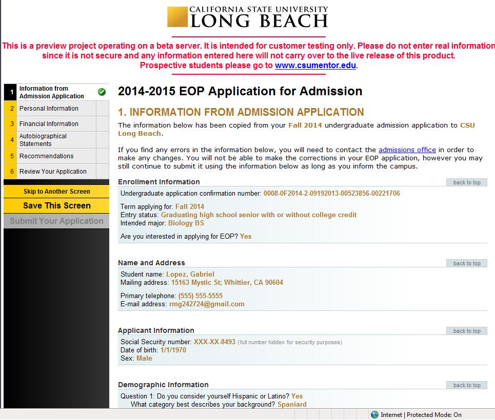 EOP Online Application Form Completed by student Opening page for the EOP Application SAVE: Will save the