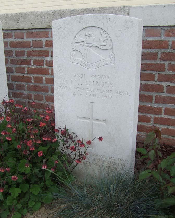 Private Isaac John Chaulk (elsewhere Chalk) (Regimental Number 2271) is buried in Windmill British Cemetery, Monchy-le-Preux Grave reference I. A. 21.