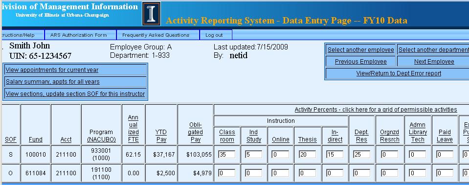 Sample ARS Data Entry Page Payment, FTE, and C-FOAP from payroll/hr: Depts