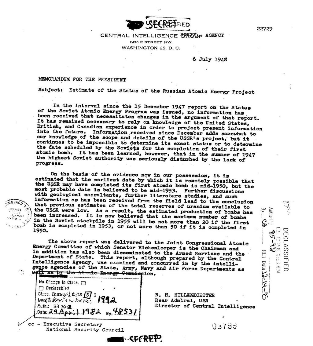 Director of Central Intelligence R.H. Hillenkoetter, memorandum to the President, "Estimate of the Status of the Russian Atomic Energy Project," 6 July 1948, Top Secret. Source: Harry S.