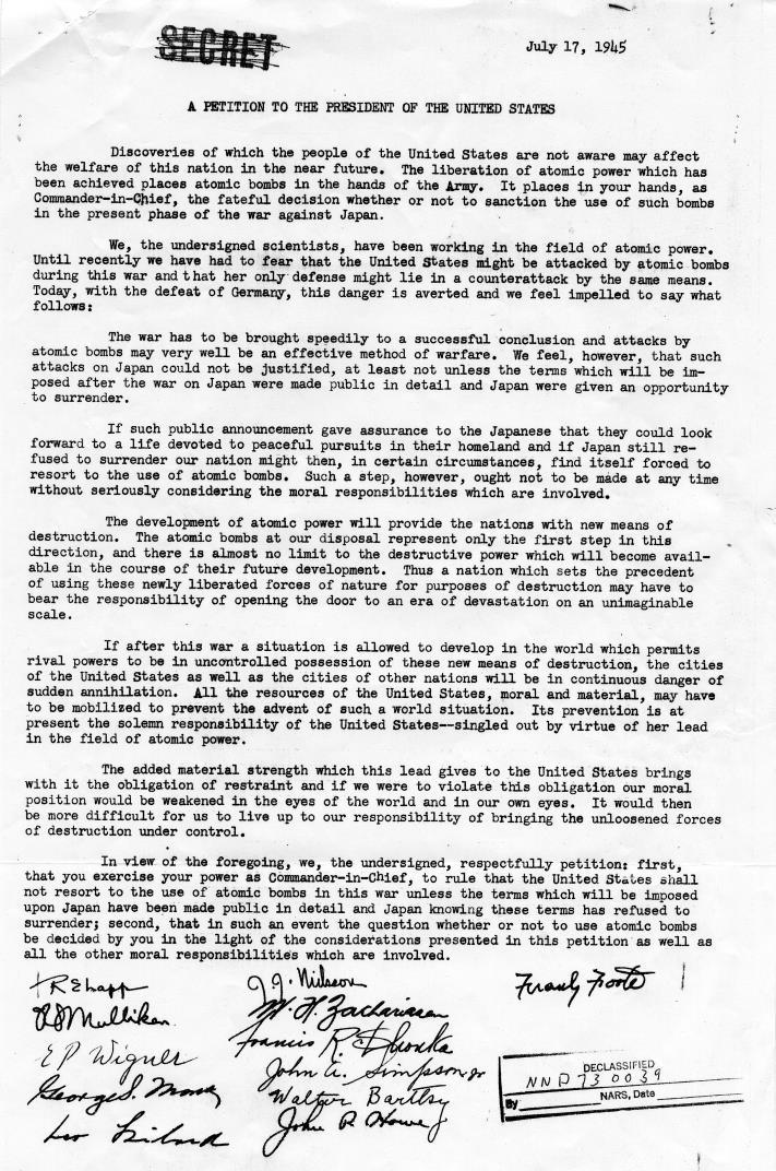 Scientists Petition to the President of the United States, July 17, 1945. Source: Harry S. Truman Presidential Library and Museum, http://www.