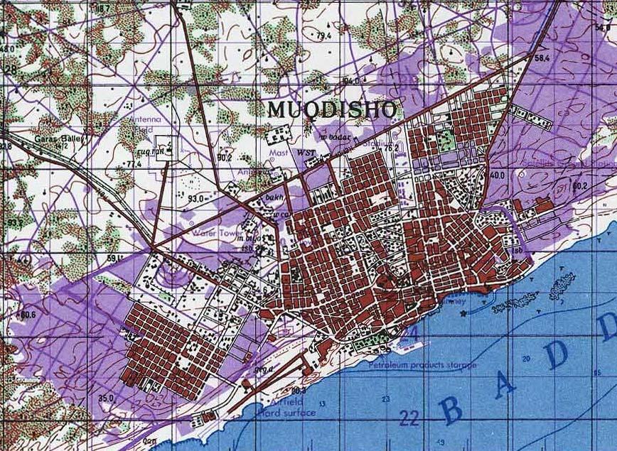 Somalia 1992-1993 A Case Study of Support to Stability Operations and Irregular Warfare analysis of the Mogadishu area, including overlays for regional Mogadishu were created as shown in Figures B-11