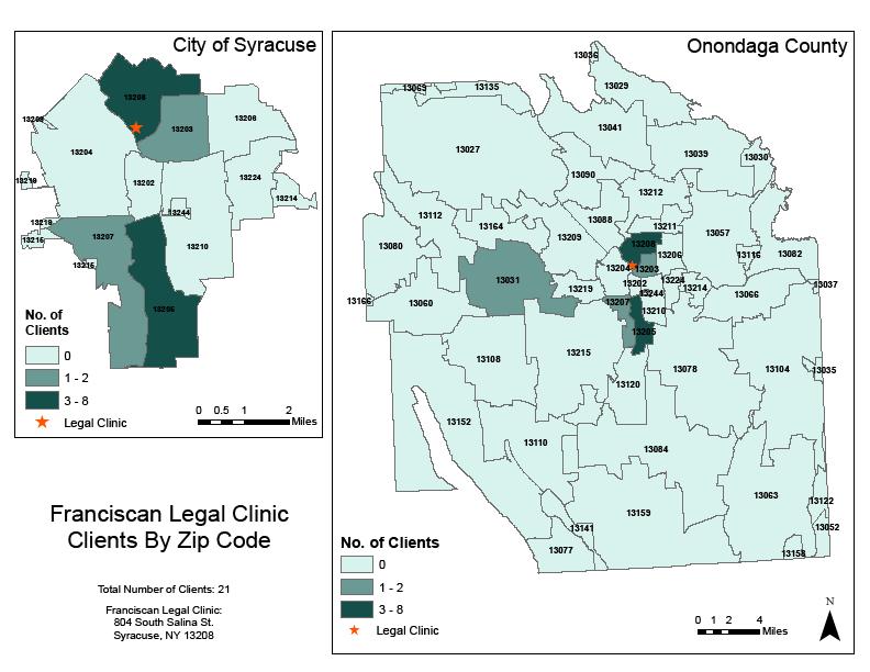 Figure 1: Map of Clients by Zip Code Comment: The Franciscan Legal Clinic is located