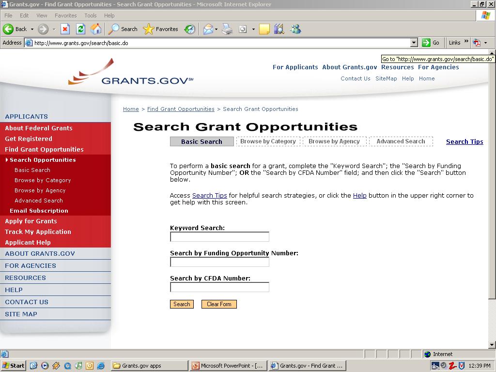 Opens to Basic Search page Can also browse by Category or Agency Fill in a Keyword, the Funding