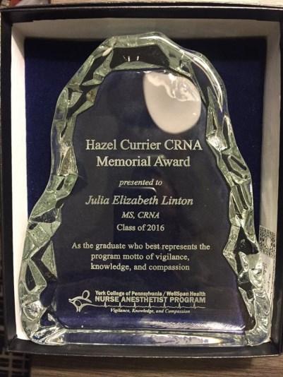 Currier also received the Agatha Hodgins award in 1993 and at her request, this award was donated to the York Health Foundation.