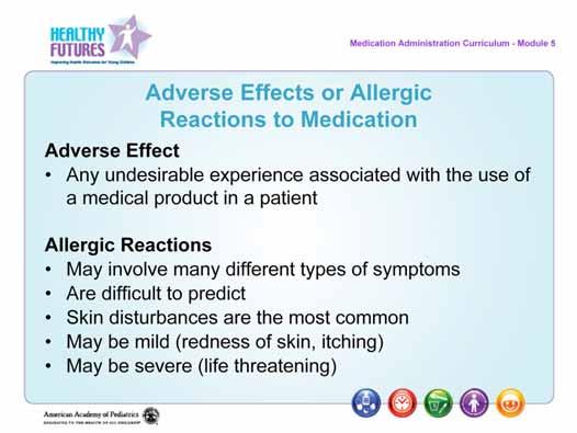 Speaker's Notes: Examples of adverse reactions: o fainting o double vision o vomiting o seizures o long-term effects such as liver damage Examples of allergic reactions: o rashes o swelling o
