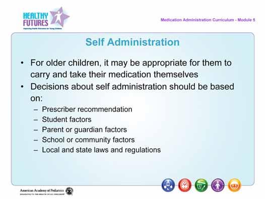 Speaker's Notes: Examples of medication that should be considered for self- administration: o EpiPen o Asthma inhalers o Insulin o Ibuprofen or acetaminophen If children are allowed to