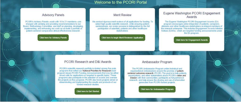 12 Navigating PCORI Online: Home Screen The home screen allows you to apply for awards