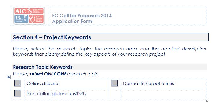 III. Section 4: Project Keywords The FC Call for Proposals 2014 has been launched for granting three-years Italian research projects focusing on three main research topics: celiac disease, dermatitis