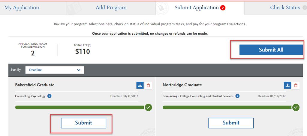 Select Submit All to submit applications for all programs selected or select Submit button under each
