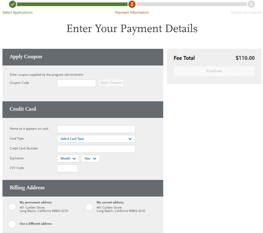 Enter in credit card, confirm billing address then select Continue.