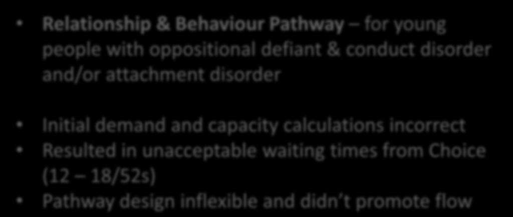Re-designing the service along LEAN principles A3 boxes 1-3 Pathways that developed REAL problems in Patient Flow and were not providing improved Quality Relationship & Behaviour Pathway for young