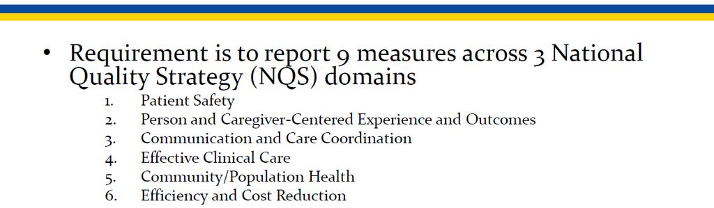 Reporting for PQRS: Quality Domains Alignment same domains as the Clinical Quality Measures domains