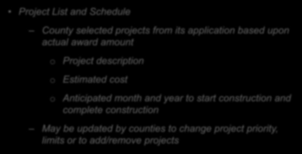 Implementation Procedures Project List and Schedule County selected projects from its application based upon actual award amount o Project description o Estimated cost