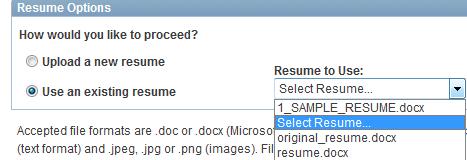 4. The Résumé to Use option appears to the right of the radio button (Figure 10). Select the résumé from the list.