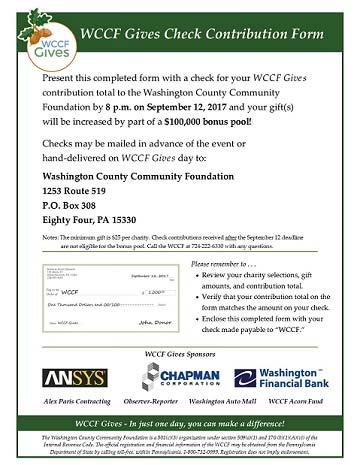 Check Donations An official WCCF Gives Check Contribution Form MUST accompany each check. A PDF of the form is available on wccfgives.org.