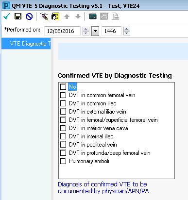 Figure E: Documenting a Confirmed VTE. When a DVT/VTE is suspected, and a provider has placed an appropriate diagnostic order the Mpage will display the date and time an order was placed.