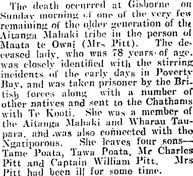 and organise friendly Maoris who were employed against the Hauhaus 9 July 1926 William Pitt s father, died On 27 October 1867 Lieutenant Pitt was commissioned Sub-Inspector in the newly formed AC.