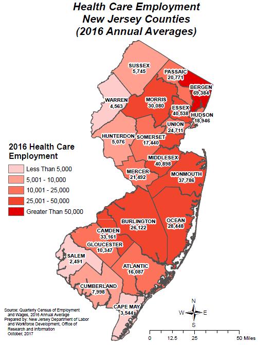 On average, New Jersey employs about one health care worker for every twenty of its residents Health Care Population to Employment Ratio Bergen 13.5 Somerset 19.1 Passaic 24.5 Camden 15.