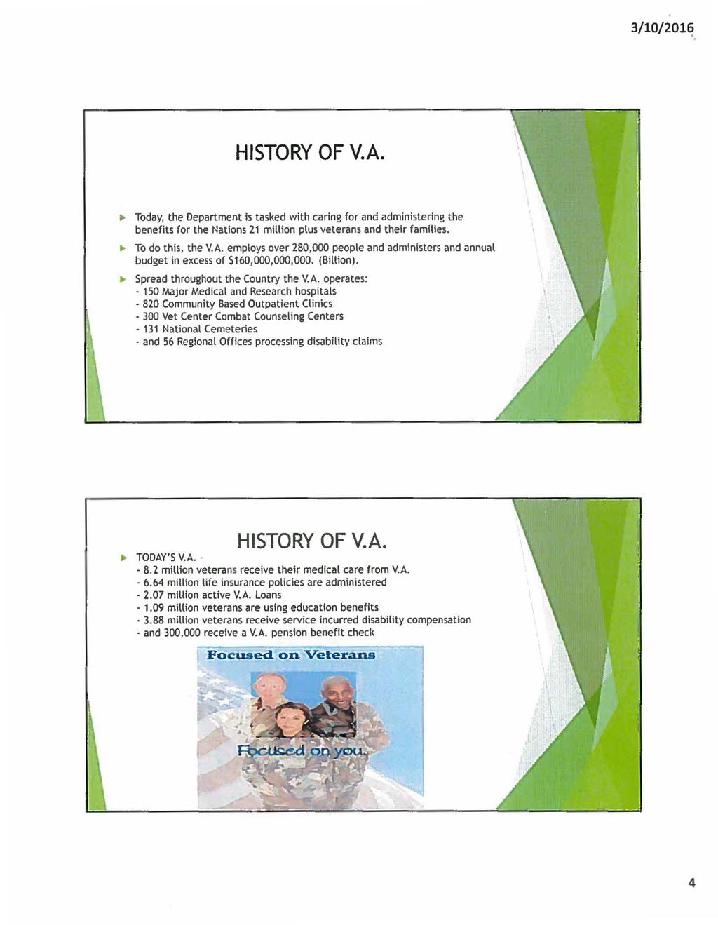 3/10/2016 ' HISTORY OF V.A... Today, the Department is tasked with caring for and administering the benefits for the Nations 21 million plus veterans and their families... To do this, the V.A. employs over 280,000 people and administers and annual budget in excess of S160,000,000,000.
