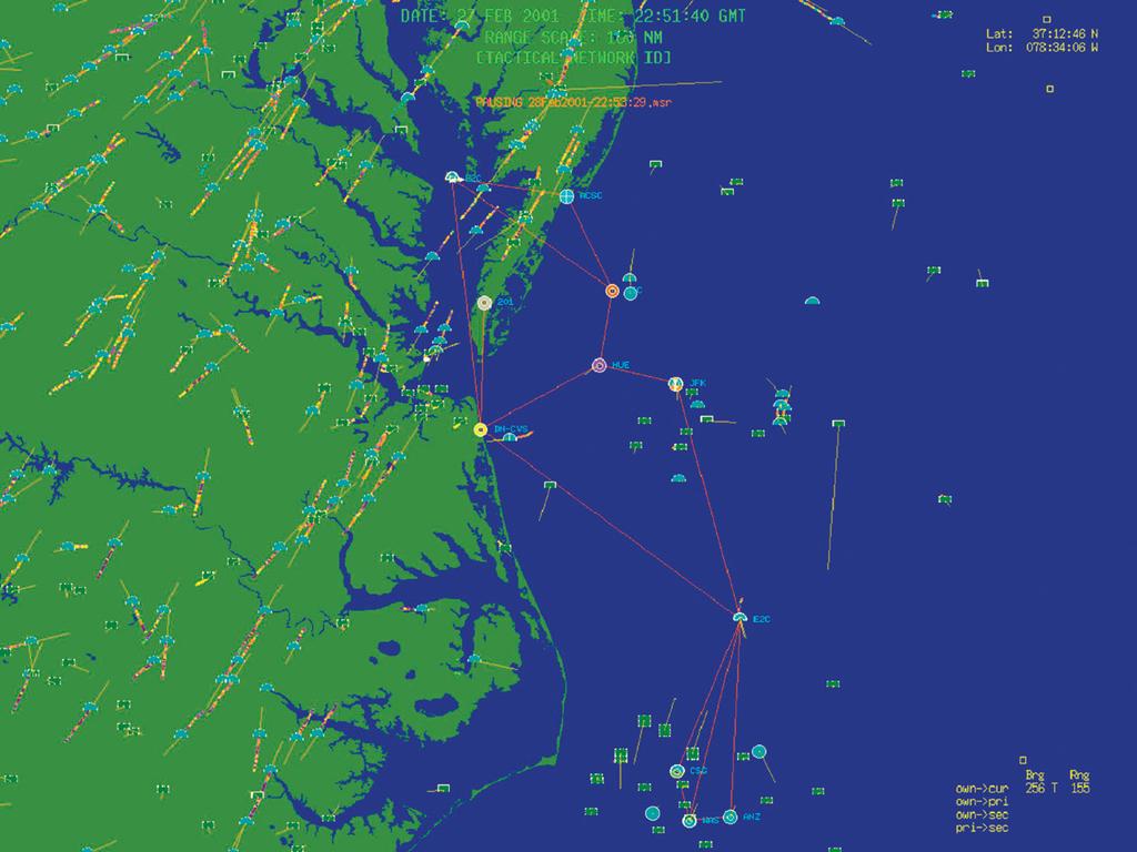Figure 9. TECHEVAL 11 node net, 27 February 2001 (800 1000 tracks, 700 X 800 nm coverage, 4-h stress test period). and missile types, and naval ships and aircraft.