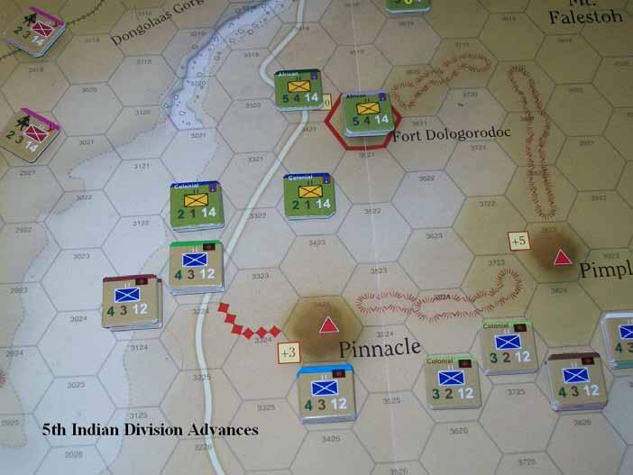 The 5th Indian Division advances forward from Happy Valley toward the objective peaks, the Pimple and the Pinnacle. The terrain hinders the advance somewhat, but some progress is made.