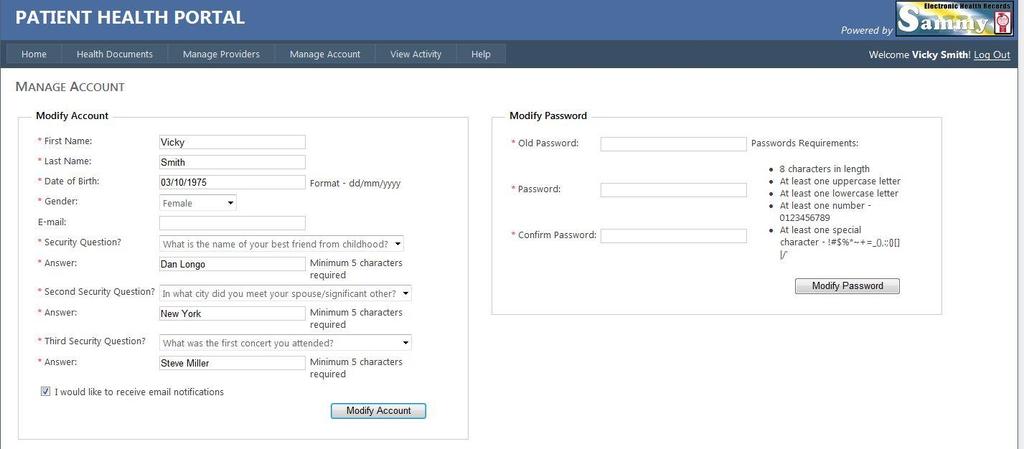 Manage Account Patients can update their