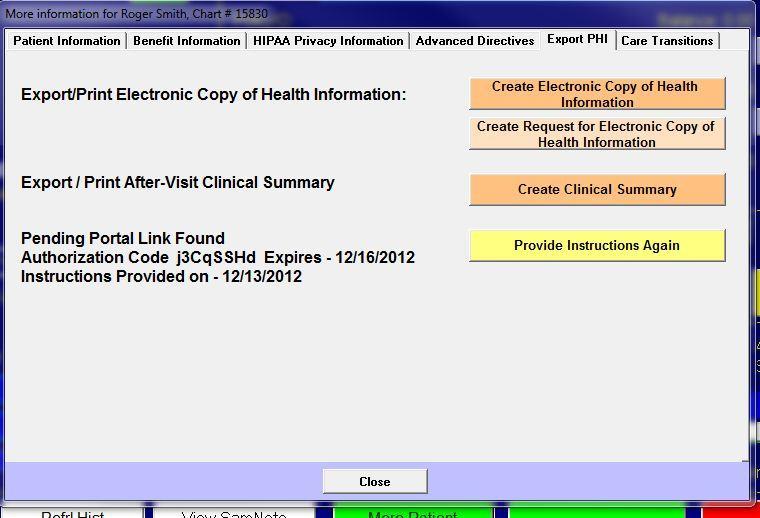 Patient Portal Pending Link After Portal Instructions have been generated to patient, the Authorization Code generated shows along with the expiration date (valid for 3 days).