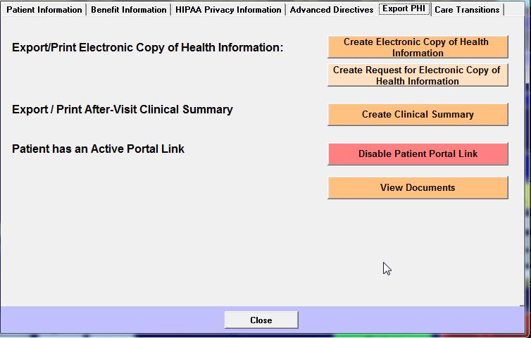 Click More Patient and choose Export PHI tab. Message shows Patient has an Active Portal Link.