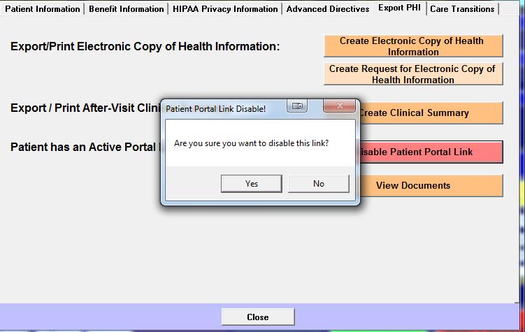 Disable Patient Portal Link From Export PHI tab, Click Disable Patient