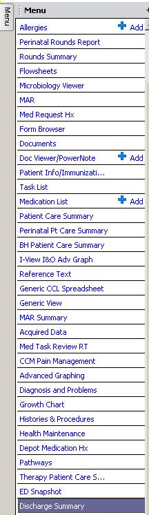 2. To access the Discharge Summary MPAGE from a tab within PowerChart, Click on Discharge Summary Tab within the patients Chart 3. The Discharge Summary MPAGE opens 4.